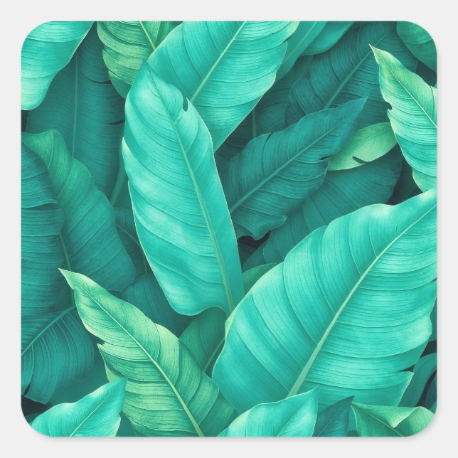 Vibrant Green Tropical Banana Leaves Pattern Square Sticker (Front)
