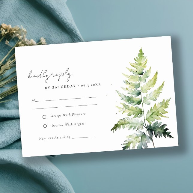 VIBRANT GREEN WATERCOLOUR FERN FOLIAGE RSVP CARD (Creator Uploaded)