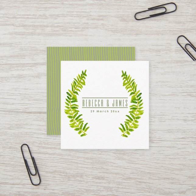 VIBRANT GREEN WATERCOLOUR FERN FOLIAGE Wedding Square Business Card (Front/Back In Situ)