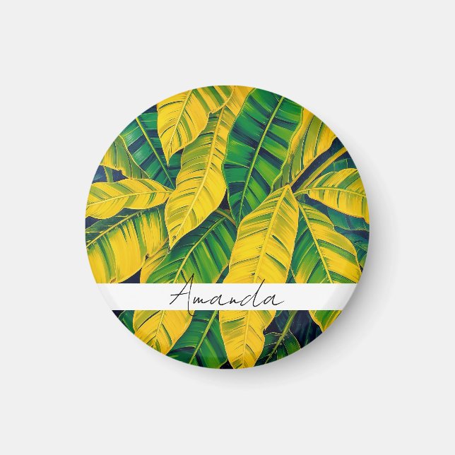 Vibrant Green & Yellow Banana Leaf Pattern Magnet (Front)