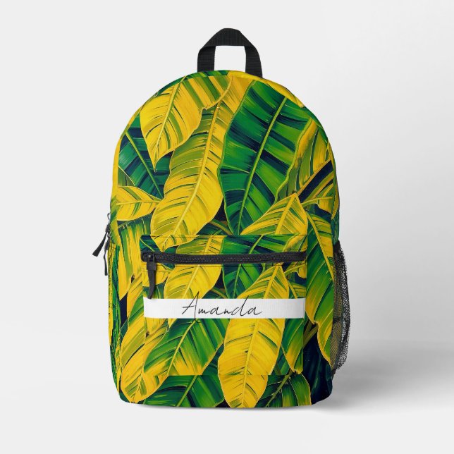 Vibrant Green & Yellow Banana Leaf Pattern Printed Backpack (Front)