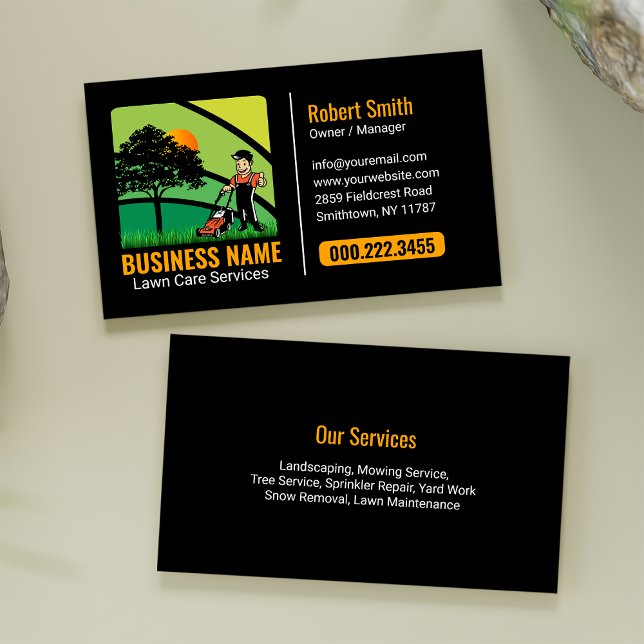 Vibrant Green Yellow Landscaping Mowing Business Card (Creator Uploaded)