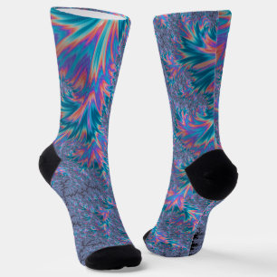 Vibrant Groovy Trippy Bohemian Teal Coral Fractal Socks