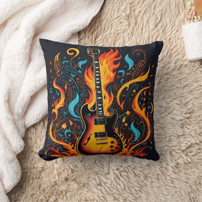 Vibrant guitar engulfed in flames and swirls cushion (Blanket)