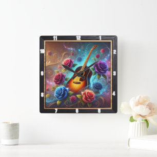 Vibrant Guitar Surrounded by Colourful Roses Square Wall Clock