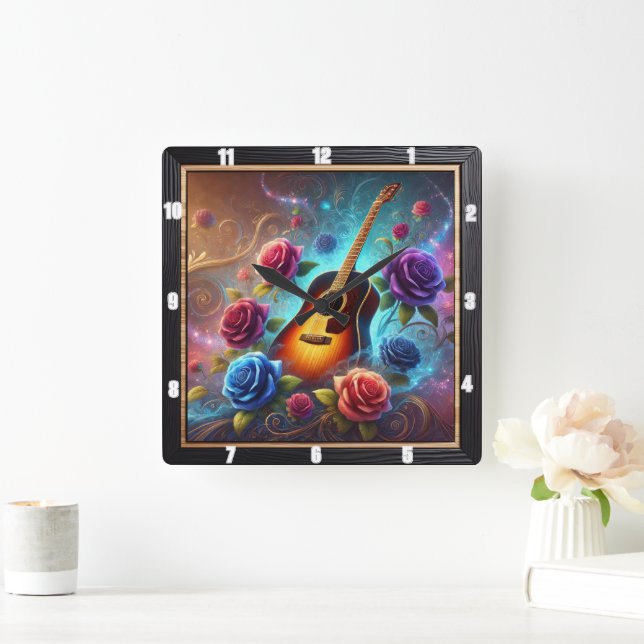 Vibrant Guitar Surrounded by Colourful Roses Square Wall Clock (Home)