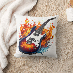 Vibrant guitar surrounded by flames at twilight cushion