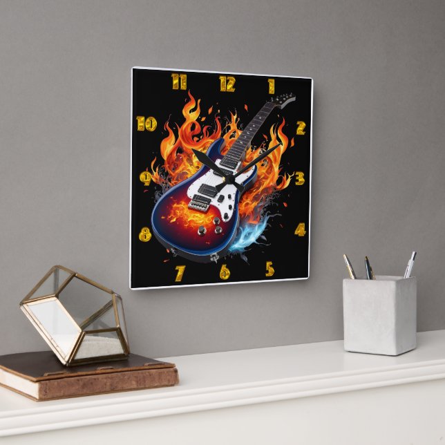 Vibrant guitar surrounded by flames at twilight square wall clock (Office)