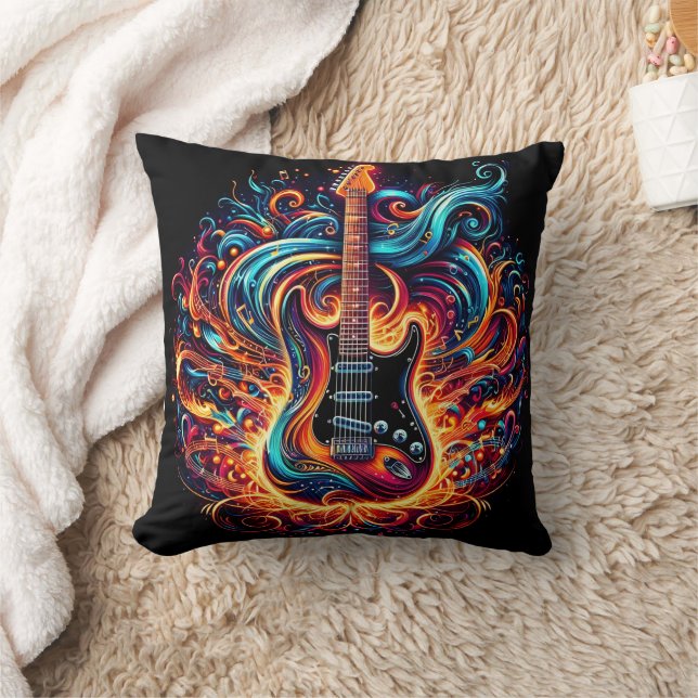 Vibrant guitar swirling with colourful melodies cushion (Blanket)