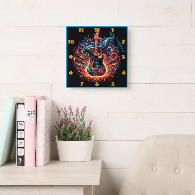 Vibrant guitar swirling with colourful melodies square wall clock (Reading Room)