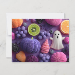 Vibrant Halloween Candy and Fruit Flat-Lay Postcard