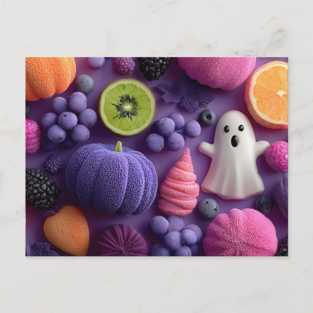 Vibrant Halloween Candy and Fruit Flat-Lay Postcard (Front)