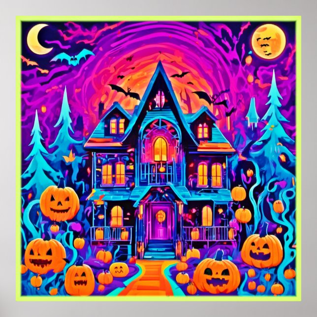 Vibrant Halloween House Art Poster (Front)
