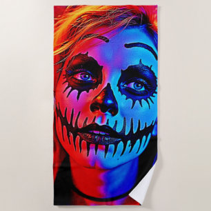 Vibrant Halloween Makeup Art Beach Towel