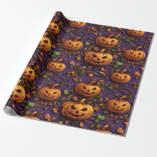 Vibrant Halloween-themed Pumpkin in Purple/Green Wrapping Paper