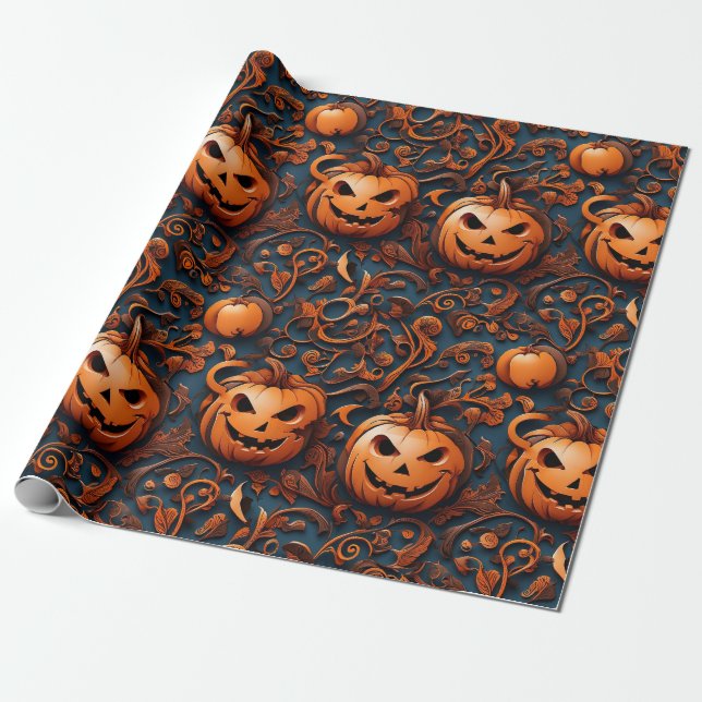 Vibrant Halloween-themed Pumpkin Wrapping Paper (Unrolled)