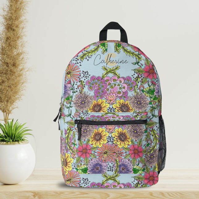 Vibrant Hand-Drawn Floral Art Name and Initial Printed Backpack (Creator Uploaded)