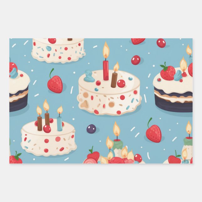 Vibrant Happy Birthday Cakes Pattern Wrapping Paper Sheet (Front)