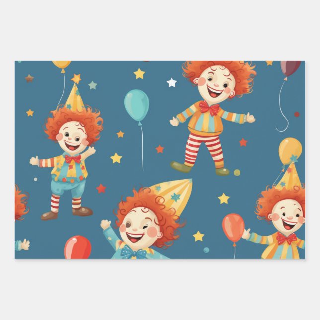 Vibrant Happy Birthday Clowns Pattern Wrapping Paper Sheet (Front)