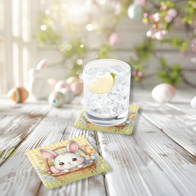 Vibrant Happy Easter in a Yellow background Square Paper Coaster (Vibrant Happy Easter in a Yellow background Square Paper Coaster)