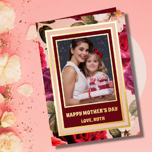 Vibrant   Happy Mother's Day Pink Roses Photo Gold Foil Holiday Card