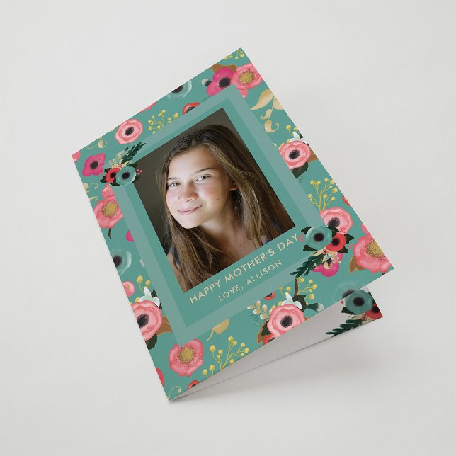 Vibrant | Happy Mother's Day Teal Floral and Photo Card (Creator Uploaded)