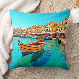 Vibrant Harbour: Mediterranean Bliss Cushion