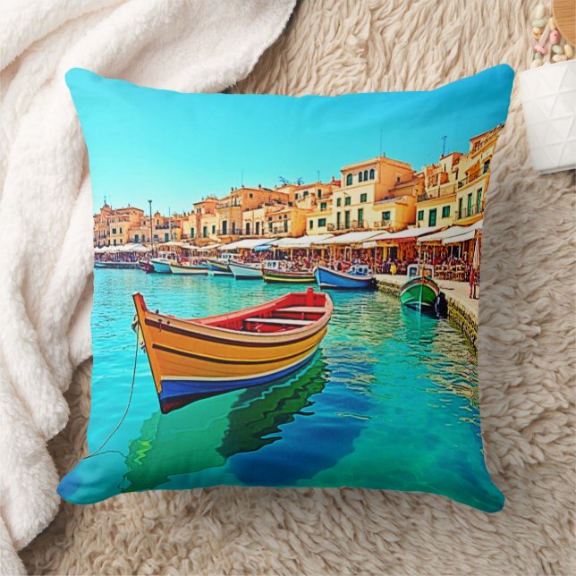 Vibrant Harbour: Mediterranean Bliss Cushion (Blanket)