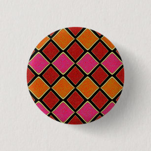 Vibrant Harlequin Diamond Pattern in Red, Orange, 3 Cm Round Badge