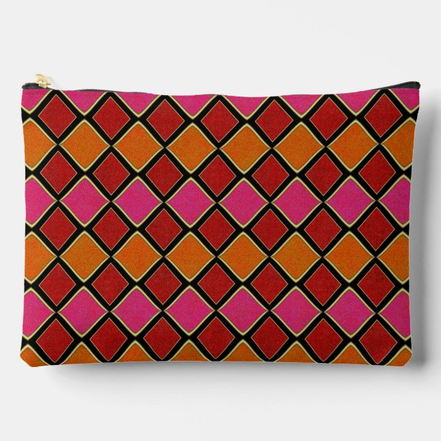 Vibrant Harlequin Diamond Pattern in Red, Orange,  Accessory Pouch (Front)