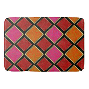 Vibrant Harlequin Diamond Pattern in Red, Orange, Bath Mat