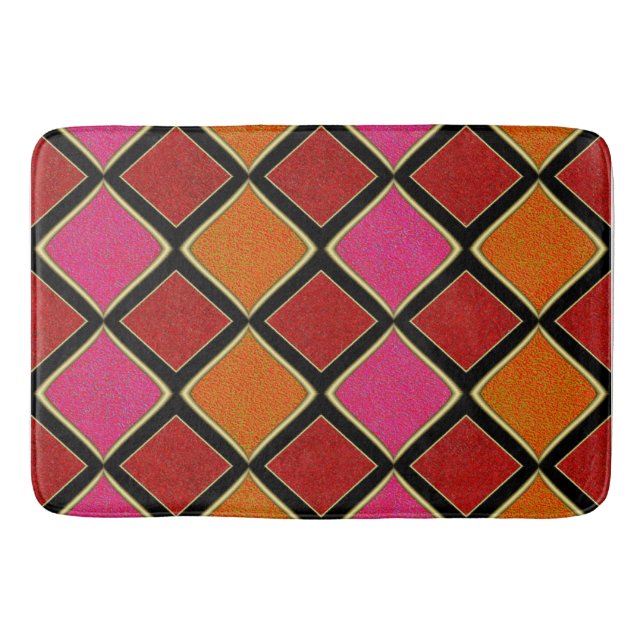 Vibrant Harlequin Diamond Pattern in Red, Orange,  Bath Mat (Front)