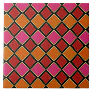 Vibrant Harlequin Diamond Pattern in Red, Orange,  Ceramic Tile