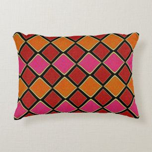 Vibrant Harlequin Diamond Pattern in Red, Orange, Decorative Cushion