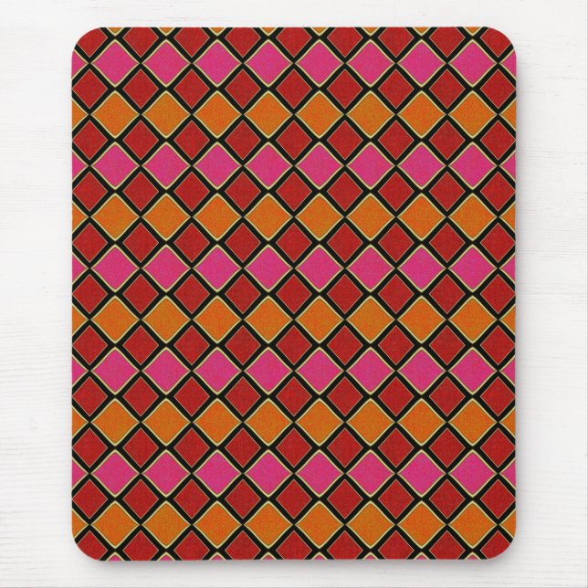 Vibrant Harlequin Diamond Pattern in Red, Orange,  Mouse Pad (Front)