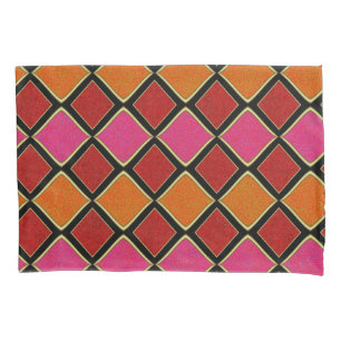 Vibrant Harlequin Diamond Pattern in Red, Orange, Pillowcase