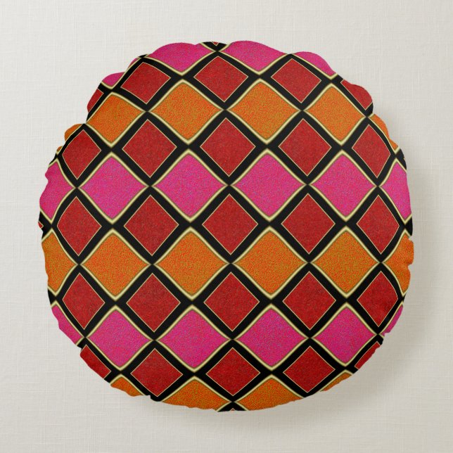 Vibrant Harlequin Diamond Pattern in Red, Orange,  Round Cushion (Front)