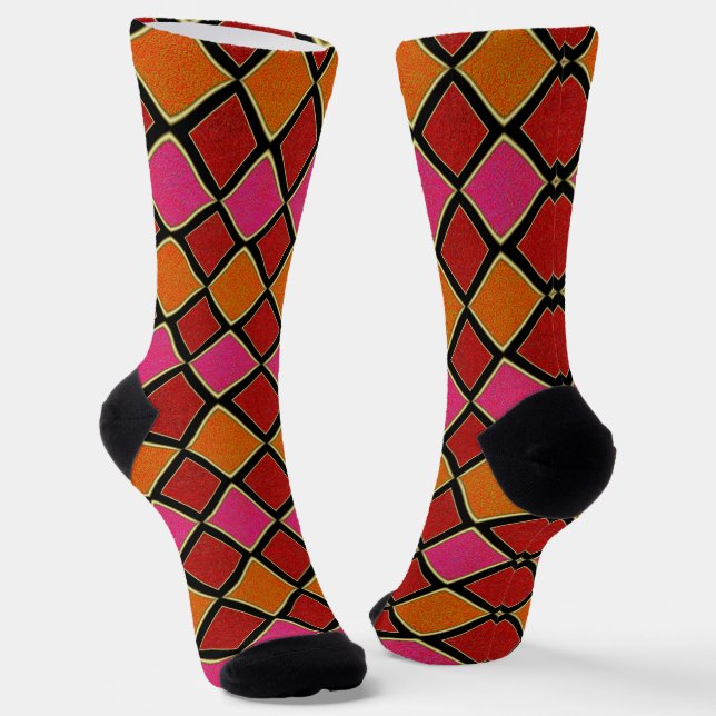 Vibrant Harlequin Diamond Pattern in Red, Orange,  Socks (Angled)