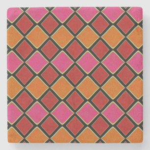 Vibrant Harlequin Diamond Pattern in Red, Orange, Stone Coaster