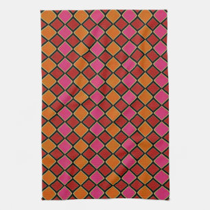 Vibrant Harlequin Diamond Pattern in Red, Orange, Tea Towel
