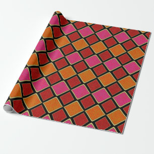 Vibrant Harlequin Diamond Pattern in Red, Orange, Wrapping Paper