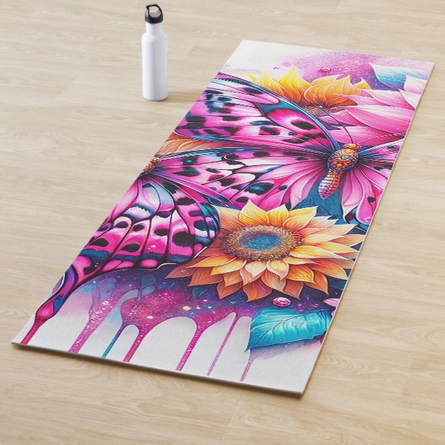 Vibrant Harmony: Butterfly and Sunflower Fusion Yoga Mat (In Situ)