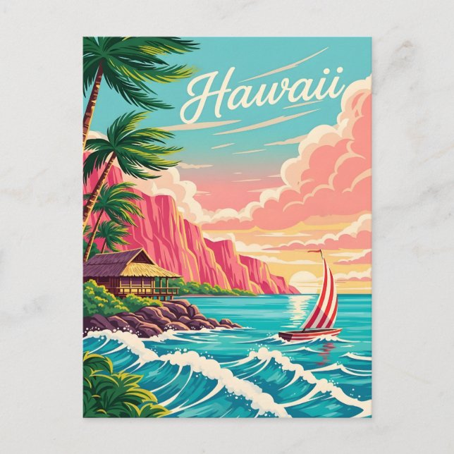 Vibrant Hawaiian coastal scene with palm trees Holiday Postcard (Front)