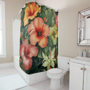 Vibrant Hawaiian Hibiscus Tropical Flower Pattern Shower Curtain
