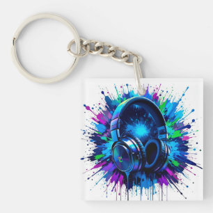 Vibrant Headphones Against Splash of Colourful Pai Key Ring