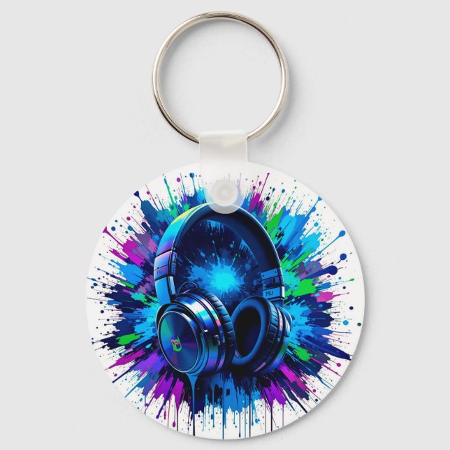 Vibrant Headphones Against Splash of Colourful Pai Key Ring (Front)