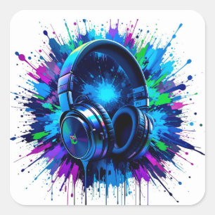 Vibrant Headphones Against Splash of Colourful Pai Square Sticker