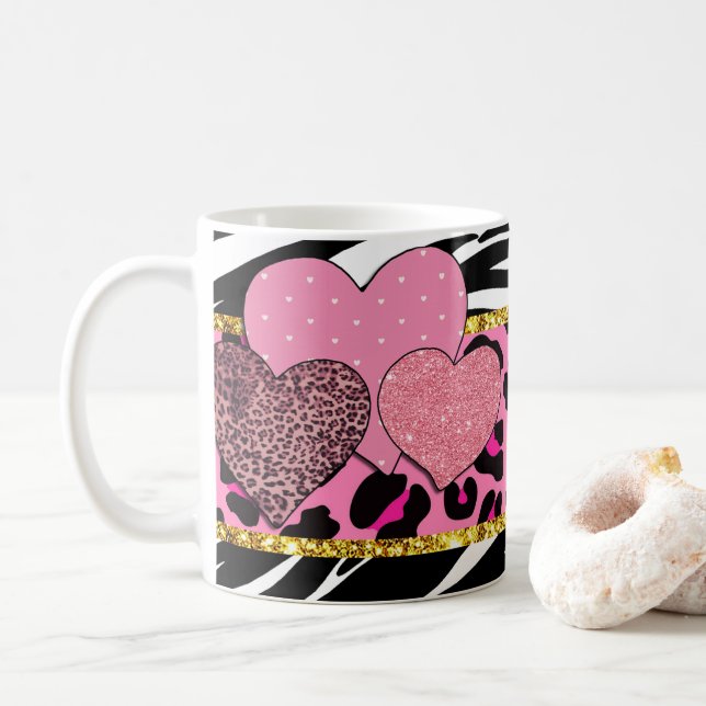 Vibrant Heart Patterns with Animal Prints and Glit Coffee Mug (With Donut)