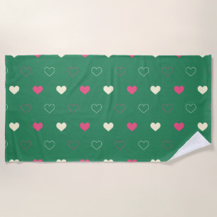 Vibrant Hearts on Green: Pink & Cream Contrast Beach Towel