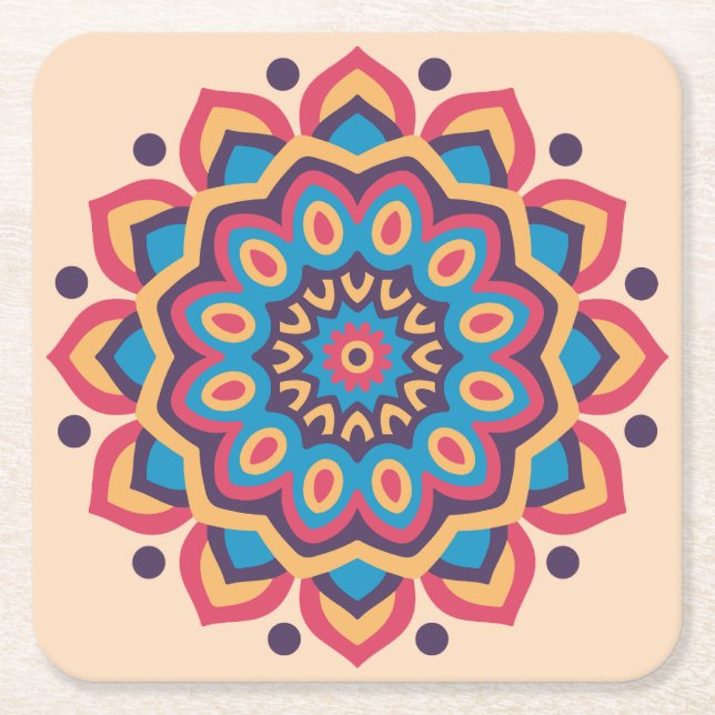 Vibrant Hexcolor Mandala Square Paper Coaster (Front)